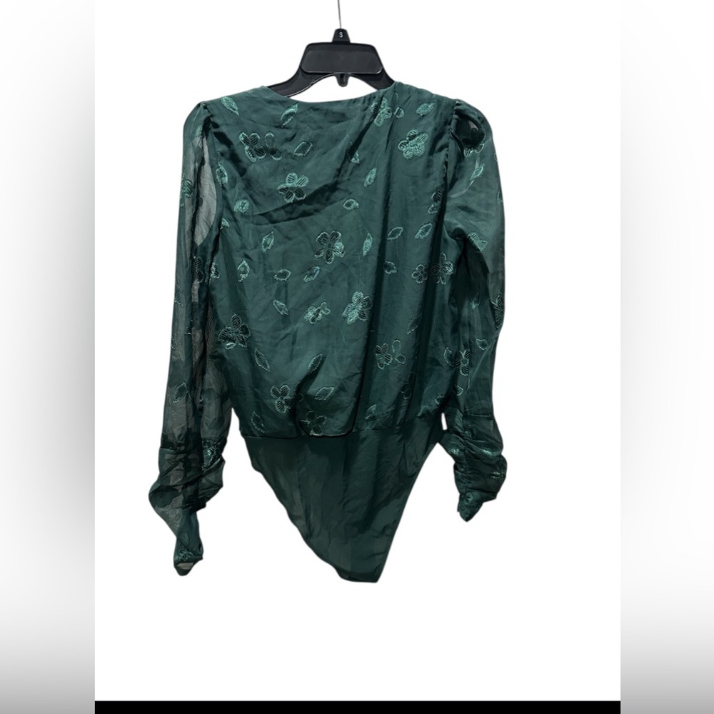 Lulus Charming Purpose Emerald Green Floral Jacquard Surplice Bodysuit Small NEW - Picture 4 of 4